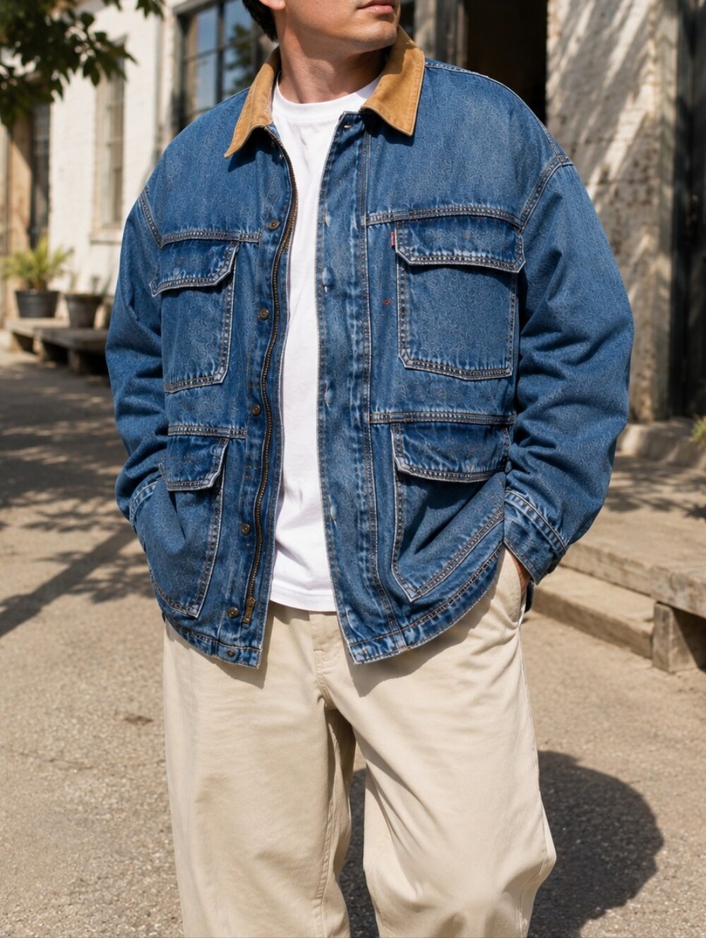 NWT Levi's Blue Denim Field Jacket Tan Corduroy Collar 100% Cotton Utility Chore
